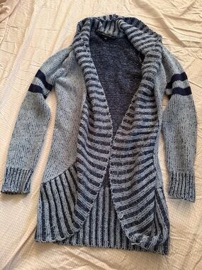 Striped Open-Front Shawl Collar Cardigan Sweater - Blue/Gray